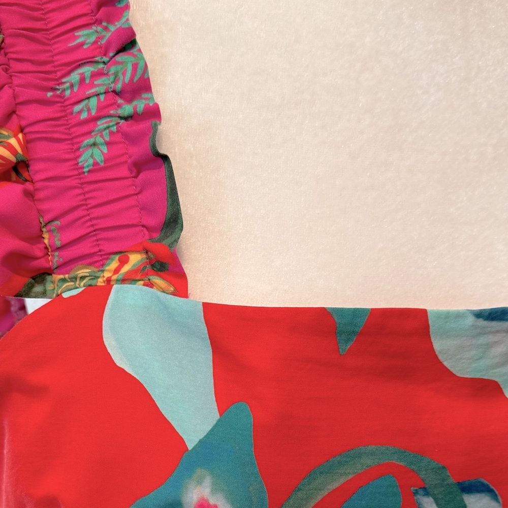 FARMRIO Foliage Mix Mini Dress Tropical Floral Ruffle Sleeve Tucan Cotton Size L - Picture 7 of 9